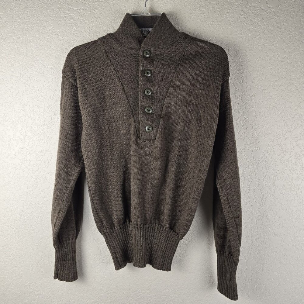 Vtg Military Sweater Mens M Olive Drab US Navy 100% Wool Pullover Button Front - Picture 1 of 6